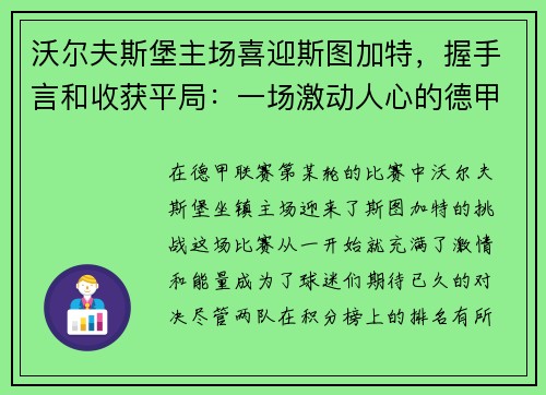 沃尔夫斯堡主场喜迎斯图加特，握手言和收获平局：一场激动人心的德甲对决